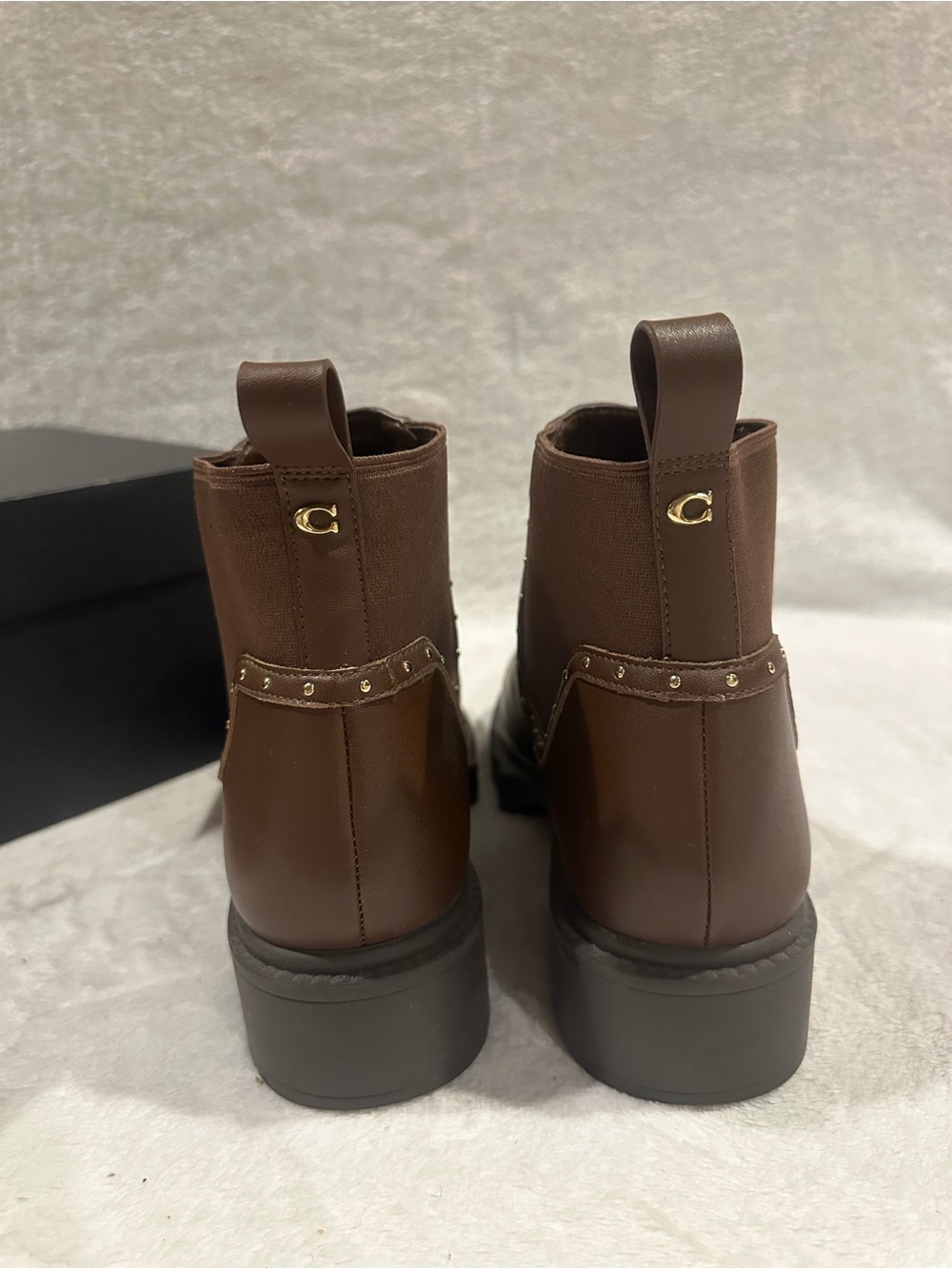 Coach Brown Leather & Fabric Heeled Ankle Boots with Gold Accents